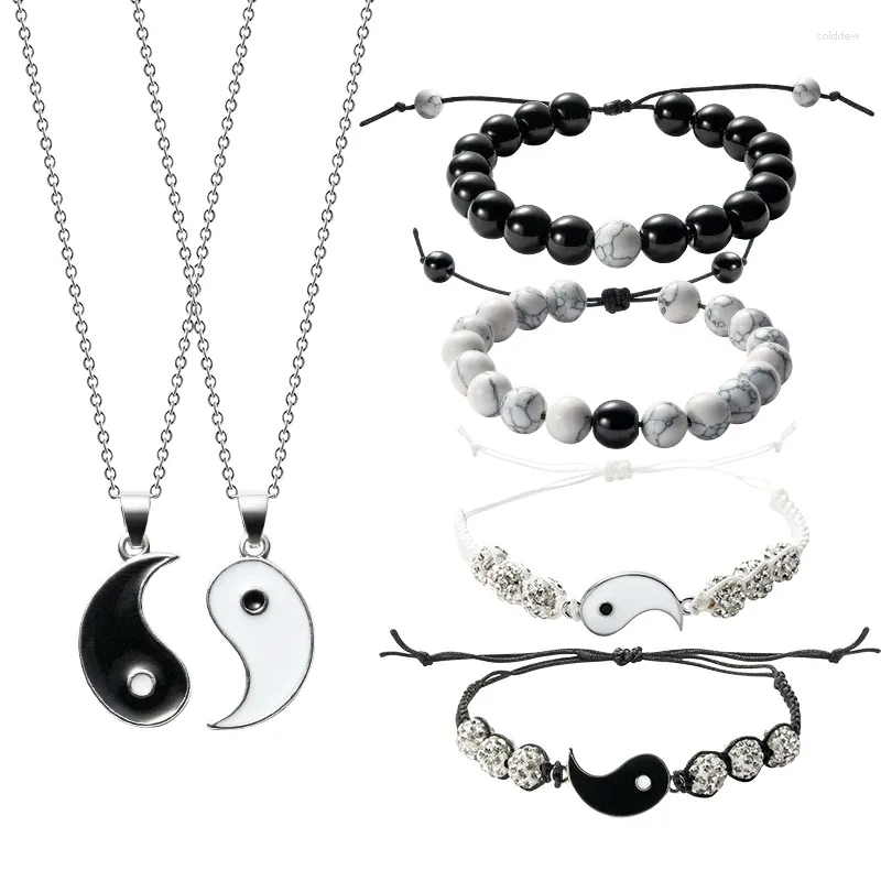 Necklace Earrings Set Matching Yin Yang Couples Bracelets Kit Tai Chi Braided Cord Black And White Clavicle Choker For Valentine's Gifts