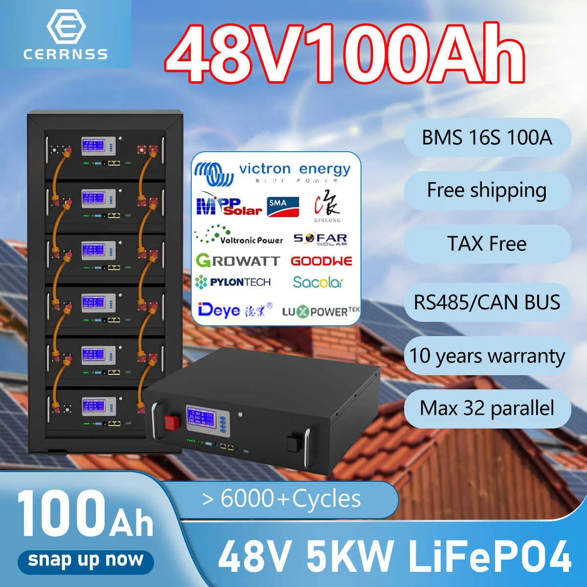 48V 5kW 100AH ​​LIFEPO4 Battery Pack Battery de lítio Solar 6000 ciclos RS485 CAN 16S 100A BMS MAX 32 Paralelo para o inversor sem imposto