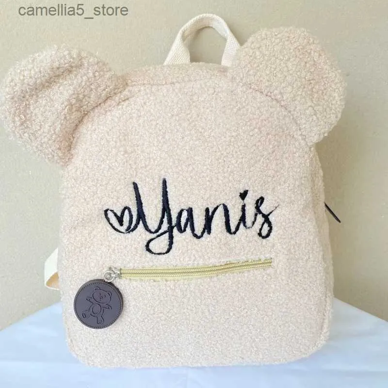 Backpacks Custom Cute Fleece Bear Ear Shaped Backpack Embroidery Name Mini Backpacks for Toddler Boys and Girls School or Travel Q231108