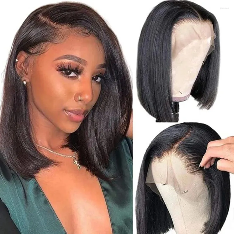 Perruque Lace Frontal Wig brésilienne Remy, cheveux naturels, lisses, courts, 4x4, 13x4, vierge, noir naturel, densité 150, pour femmes