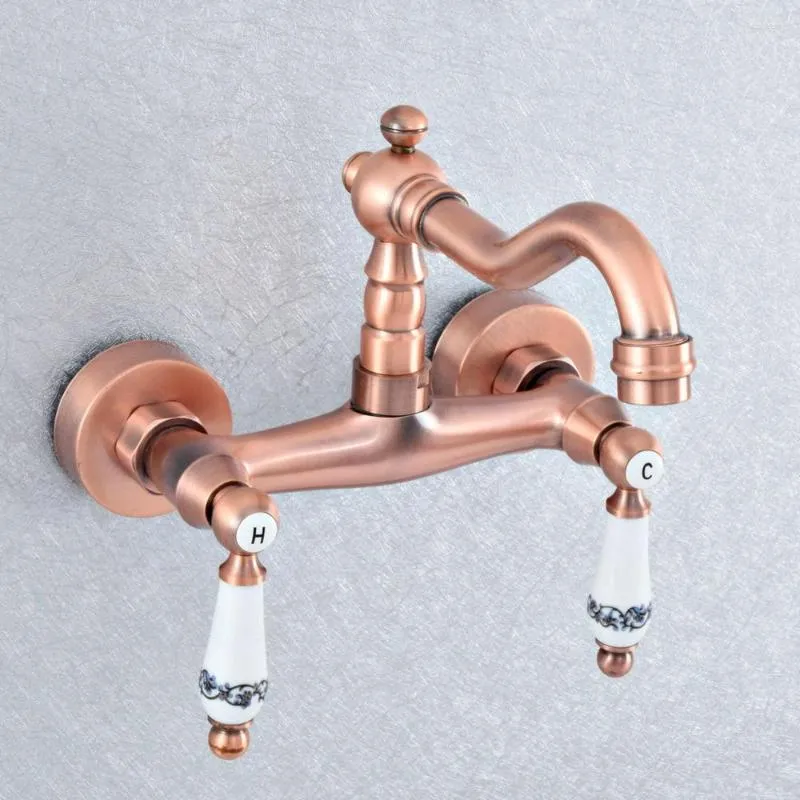 Torneiras de cozinha Antigo Red Copper Copper Brass Moldura de parede Munagem Banheiro Basinel Pia da pia Cold Mixer Tap giro bico torneira msf907