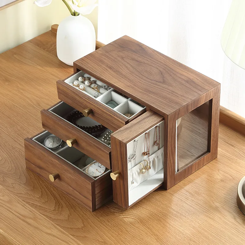 Casegrace Luxus große Holzkiste Organizer 4 Schublade Holz Ohrring Ring Halskette Uhr Schmuck Aufbewahrungskoffer Schatulle 230407