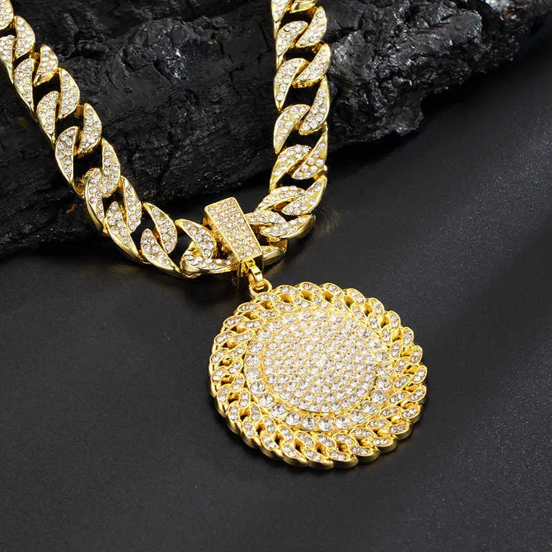 Round Diamond Plate Cuban Link Chain Necklace for Men, Thickened