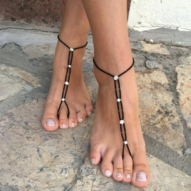 Ankletter 1st Boho Pärla med Rhinestone Crystal Bohemian Sandal Toe Slave Foot Jewelry Gifts for Women Girls