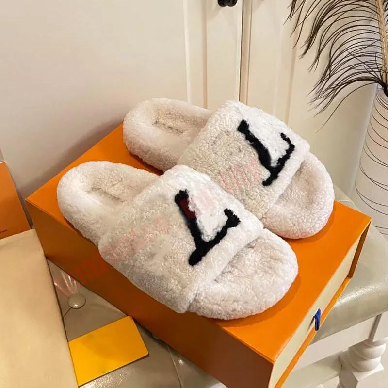 OG Designer Womens Fluffy Slippers Fuzzy fur Slides Warm letters Brand Woman Loafers Shoes Flat Slider Comfort Mule Wool on Pink Cloud White Luxury Furry