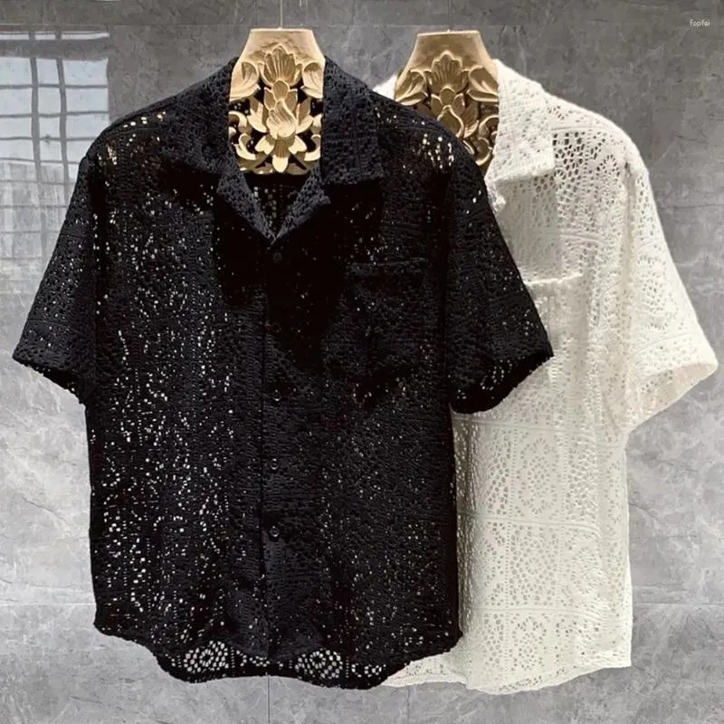 Men's Casual Shirts Summer Men Mesh Hollow Lace Short Sleeve Shirt Loose Vintage Man Beach Blouse Fashion Streetwear LGBT Sexy Top