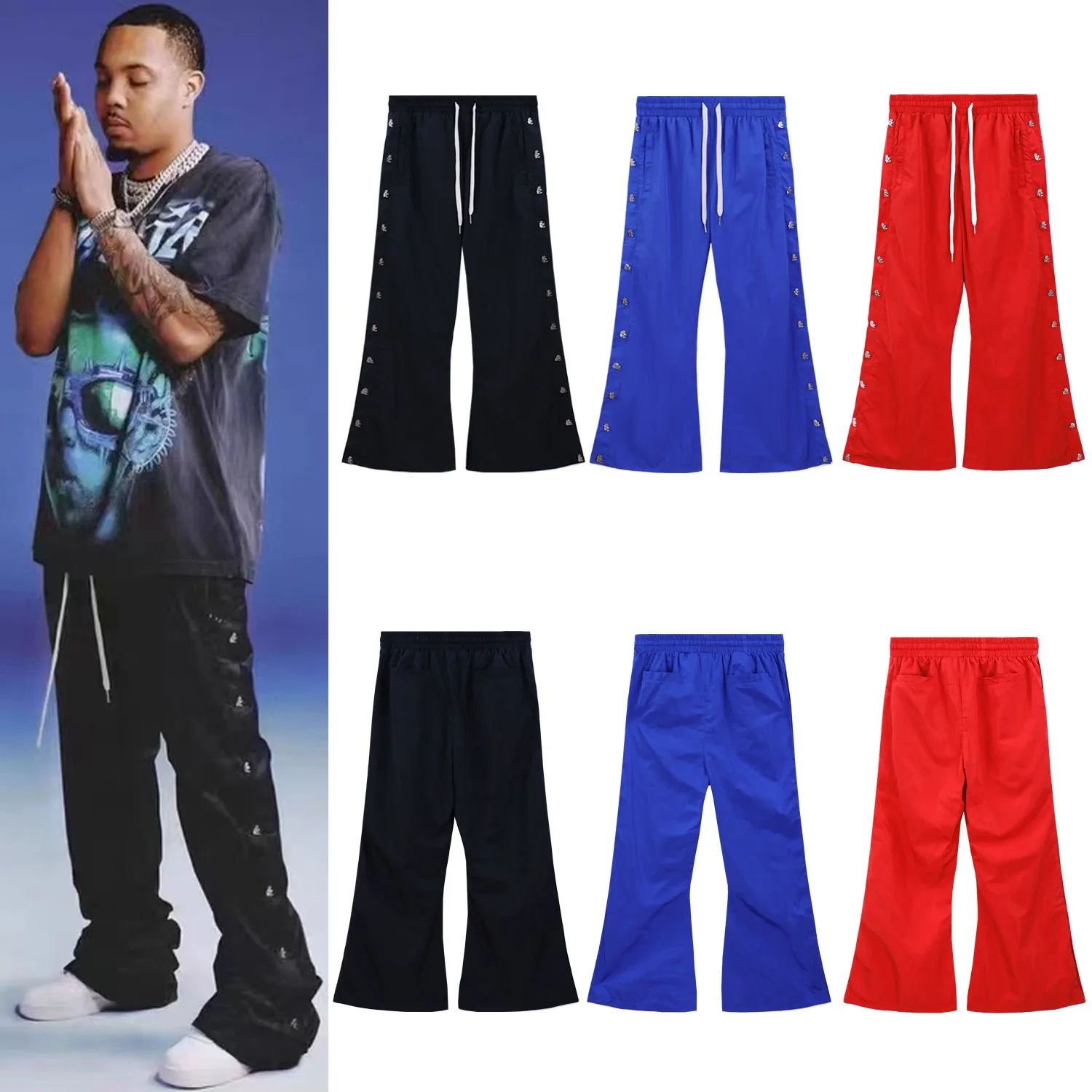 High Street Style Sweatpants - Waxed Nylon Wide Leg Pants for Men