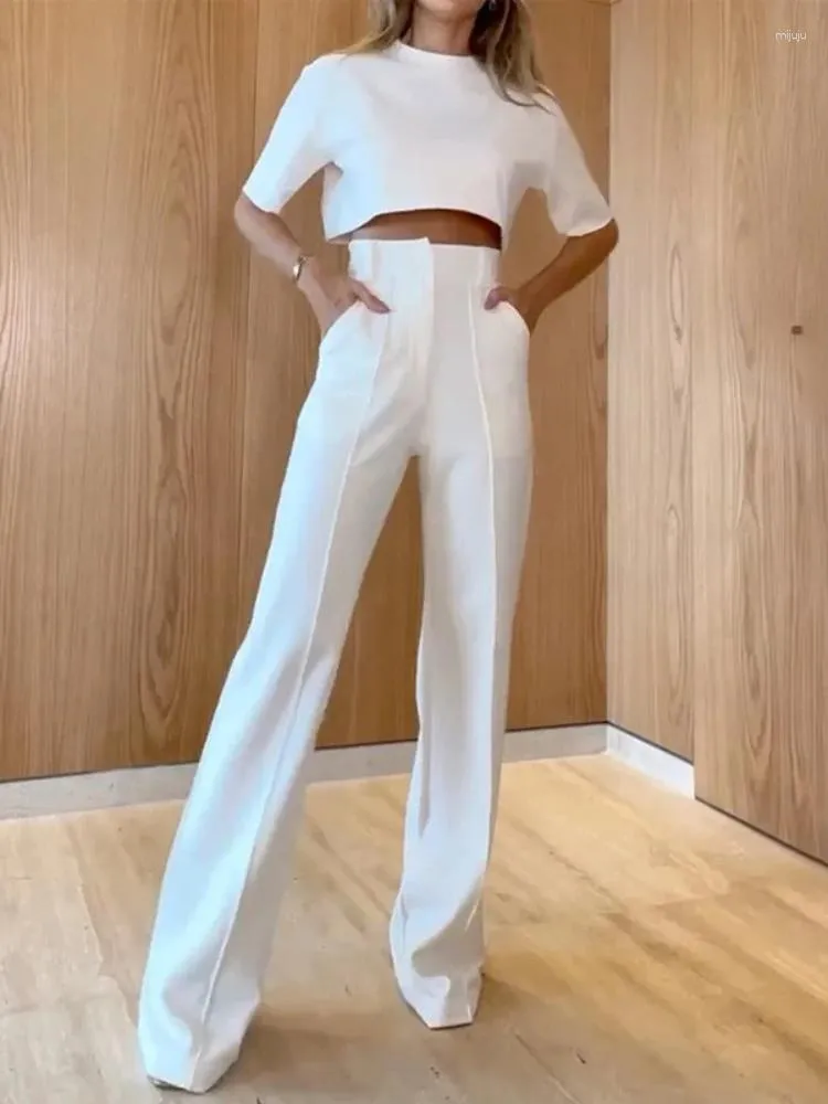 Dwuczęściowe spodnie damskie Summe Suits Solid Pants Sets O-Neck Crop Top i prosty kasowy zestaw dla kobiet 2023
