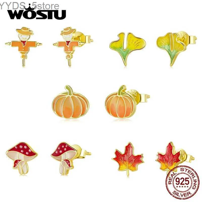 Stud Wostu 2023 Autumn Series 925 Sterling Silver Leaf Pumpkin Studörhängen Örkampar örhängen för kvinnor Fina silver smycken gåva YQ231107