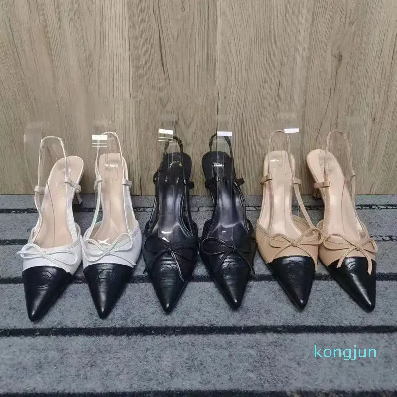 Crystal C bow pumps 슬링 백 샌들 비즈 스틸레토 새끼 고양이 하이힐 여성 힐링 럭셔리 스트랩 웨딩 파티 드레스 드레스 신발 Bicolor Beige Black Black Mary Jan