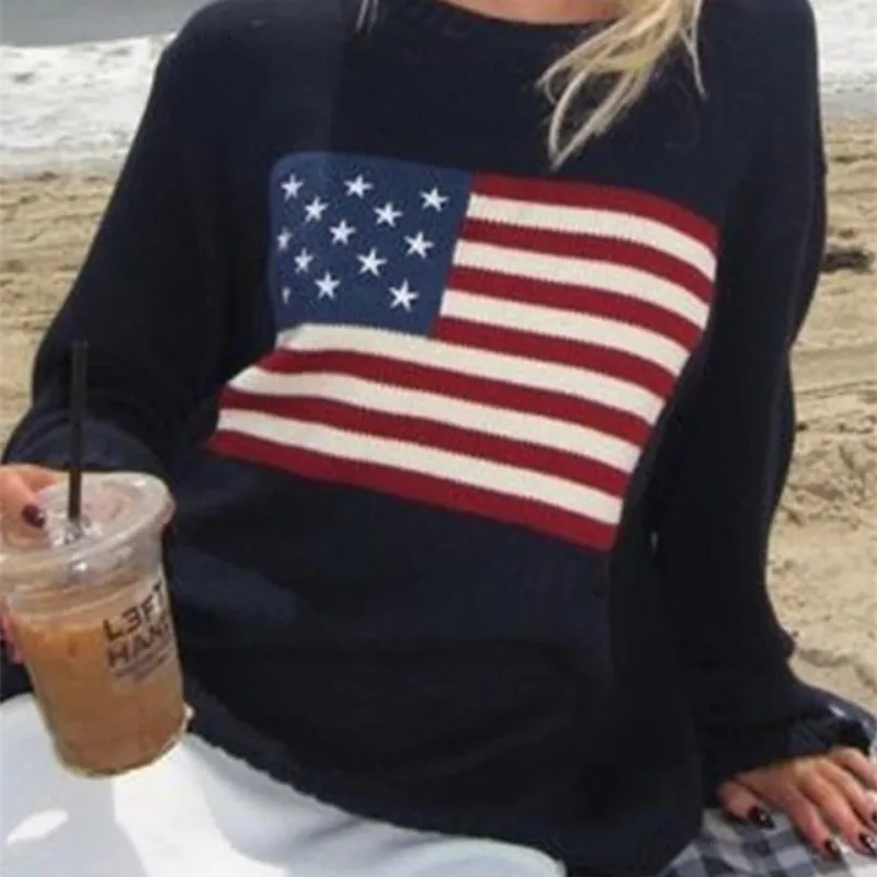 여성 S 스웨터 Y2K 여성 겨울 빈티지 여성 고급 미국 국기 니트 스웨터 미학적 긴 소매 대형 풀 오버 탑 의류 L231107
