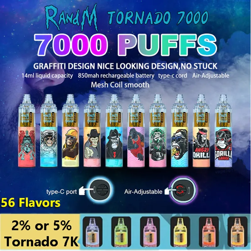 Randm 7000 Puff Tornado vape 14ml Prefilled Vapes 850mAh Rechargeable device with Airflow Adjustable 56 flavors randm tornado 9k 10k 12k