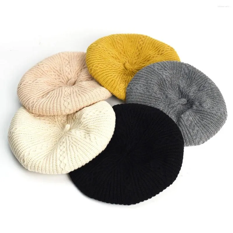 Bérets pour femmes, couleur unie, tricoté, doux, décontracté, respirant, épais et chaud, casquettes en acrylique, mode dames, chapeaux d'artiste français