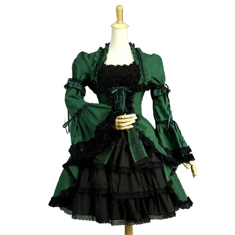 2023 gótico vitoriano lolita vestidos na altura do joelho com removível halloween verde e preto algodão vestido trajes de teatro