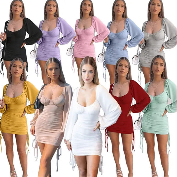 Square Collar Bandage Dress Women Solid Pleated Lantern Sleeve Dress Wrap Chest Ruched Bodycon Mini Autumn Dresses