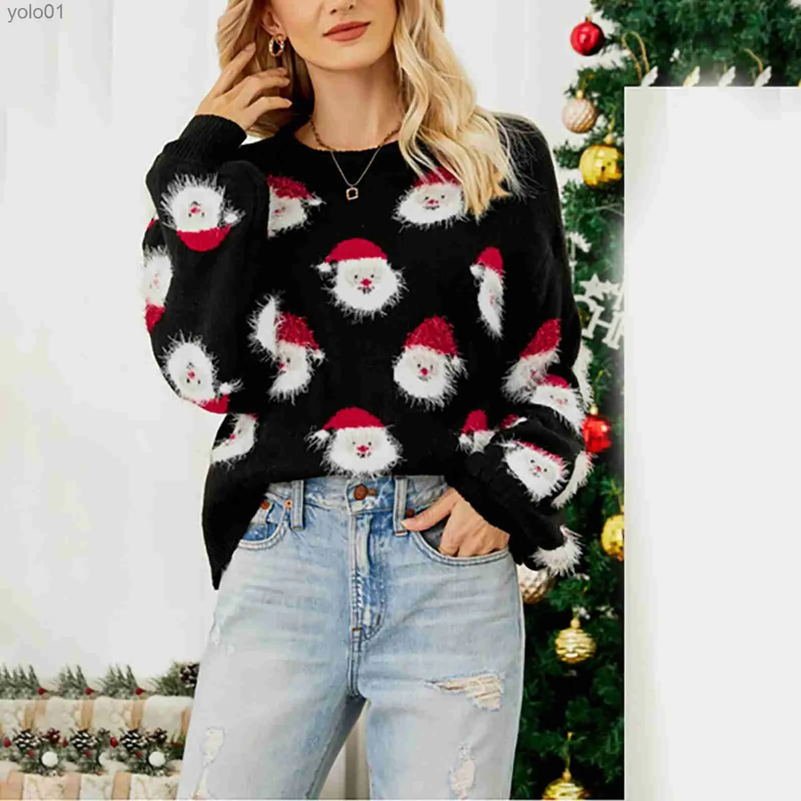 Swetery kobiet świąteczne swetra Woman Crewneck Okoł ciepły miękki Boże Narodzenie Święty Szwany wzór sweter jesienny zima sweterl231107