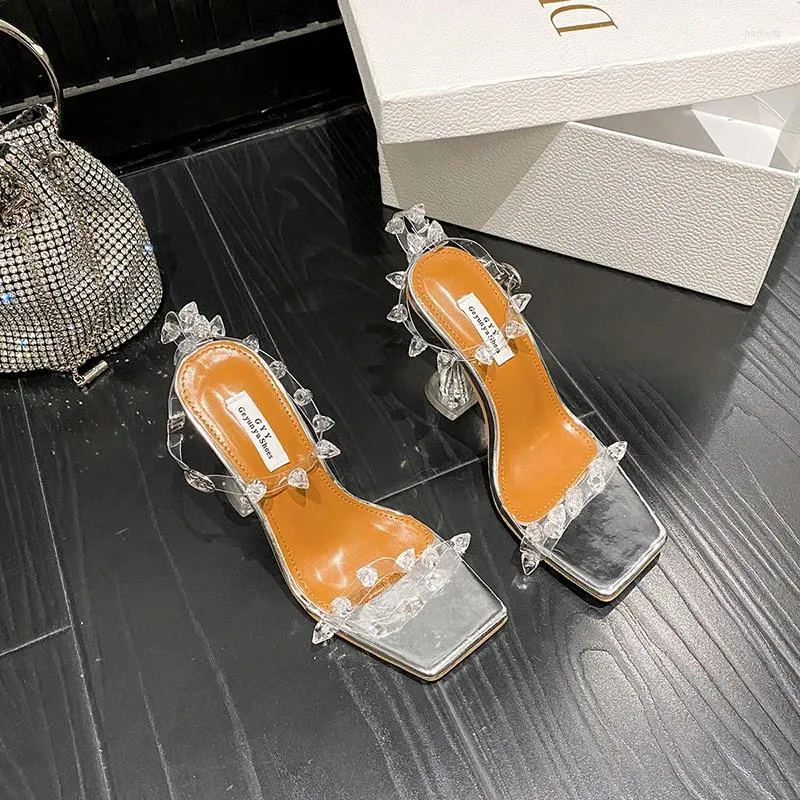 Geklede schoenen Vierkante neus Transparant PVC Strassband Damessandalen Kristallen cuphakken Elegante effen kleur Zilver Zomer 2023