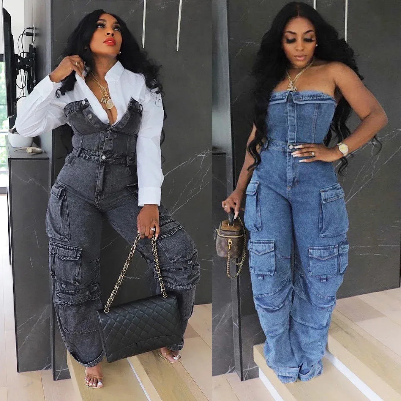 Women's Jumpsuits Rompers Sexy Denim Jean Jumpsuit 2023 Women Winter Clothes Y2K Streetwear Pocket Baggy Pant Bodysuit 231106