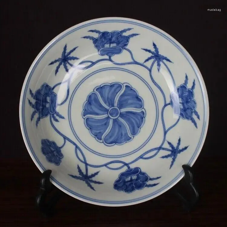 Dekorativa figurer kinesiska ming chenghua blå och vit porslin okra mönsterplatta 7,32 tum