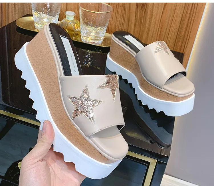 Vrouwen luxe Mode Slip-on Sandalen Koeienhuid Leer Zilveren Ster Vrouwen Sandalen Stella Mccartney Platform Dame Schoenen 7 cm Wedge Designer Stripe Wedge Platform Schoenen