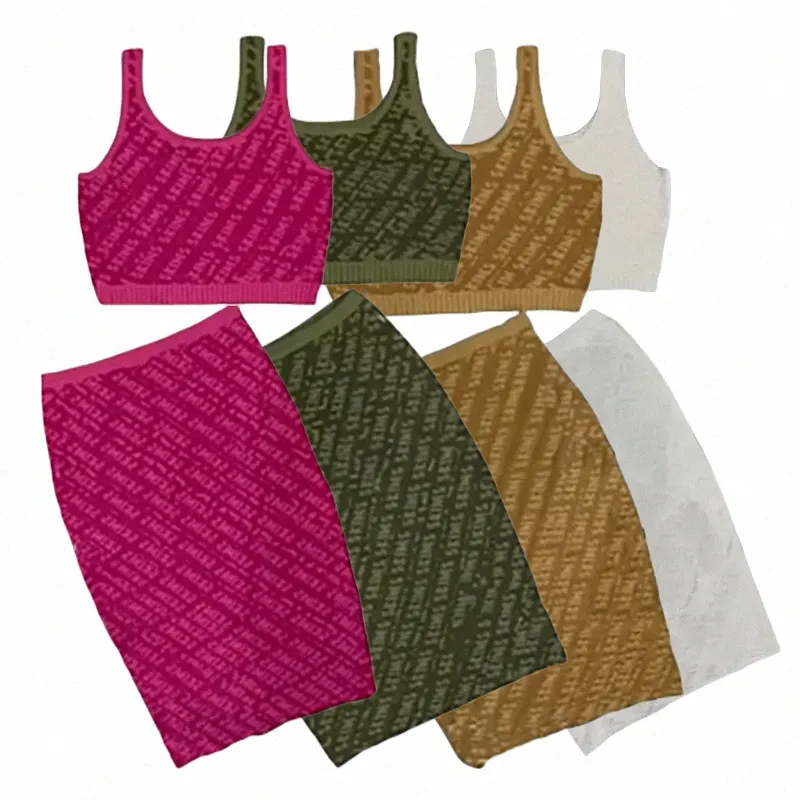 Womens Tweedelige Volledige Letters Relief Gebreide Vest Jurken Sets voor Vrouwen Designer Korte Rokken Charme Dames Slanke Jurk tweedelige A7q9 #
