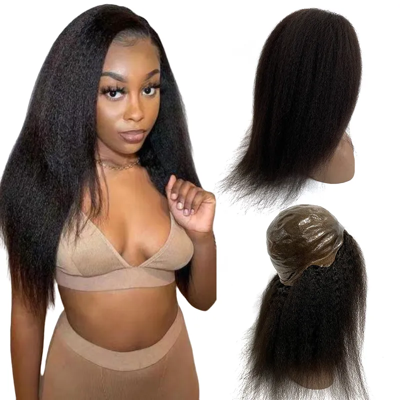 22 pouces de cheveux humains vierges européens couleur naturelle crépus raides peau médicale PU perruques pour femme noire