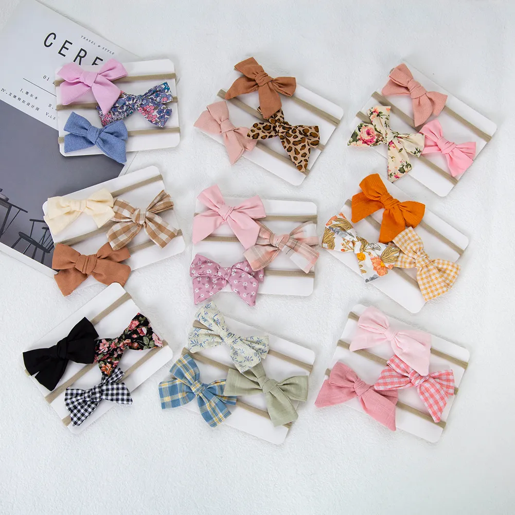 Baby Cotton Plaid Hair Bow Barn Girls Nylon Headband Floral Prints Hår Båge Huvudband Hårtillbehör Barn