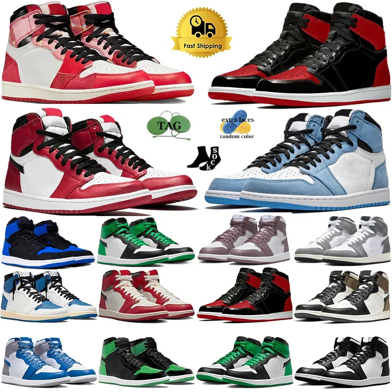 Spider-Verse Satin Bred Chicago Lost를 통해 Jumpman 1 High 1s Spider-Man은 UNC Toe Royal Reimagined Lucky Green Eastside Golf Polf Palomino Basketball Shoes를 발견했습니다.