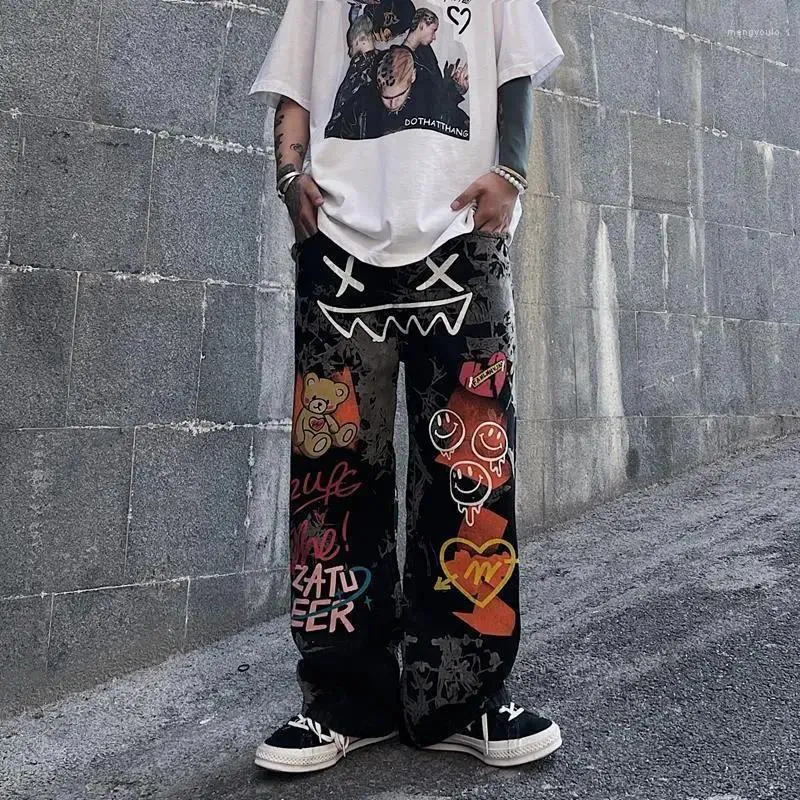 Dżinsowe dżinsy hip hop vintage graffiti duże spodnie wiosna jesienna wysoka talia mężczyźni kobiety moda streetwear luźne spustowe spodnie na nogach