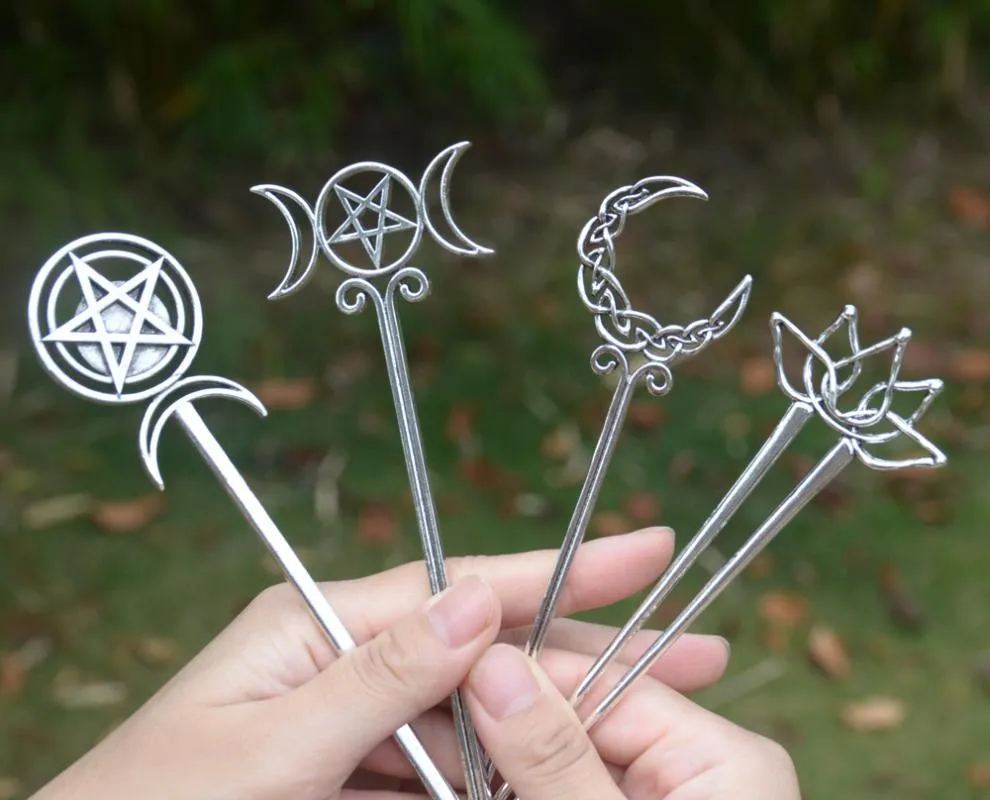 Fermagli per capelli Barrettes Witch Celtics Crescent Moon Pentagram Lotus Sticks Magic Mysterious Hairpin Wiccan Pagan Gothic Jewelry For Gift
