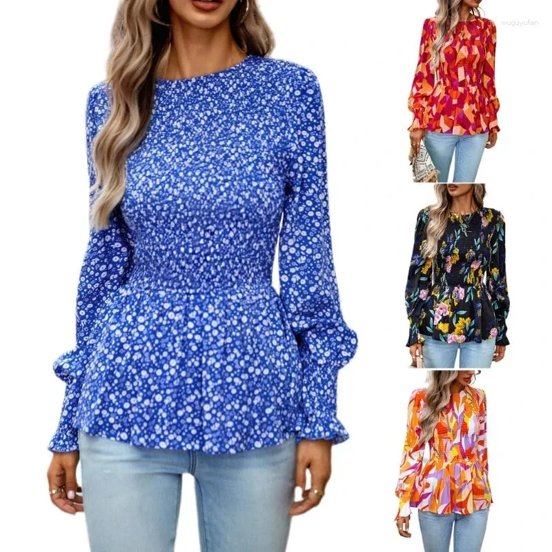 Women's T Shirts Loose Shirred Blouse Crewneck Puff Sleeve T-Shirts Smocked Tunics Top Fall Shirt