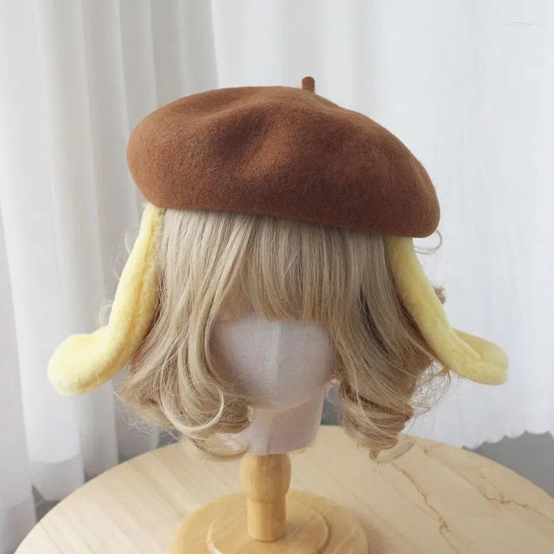 Berets JK Lolita Japonês Infantil e Bonito Kawaii Orelhas de Cão Chapéu Amarelo Pompons Acessórios Cosplay Cabelo Mulheres Meninas