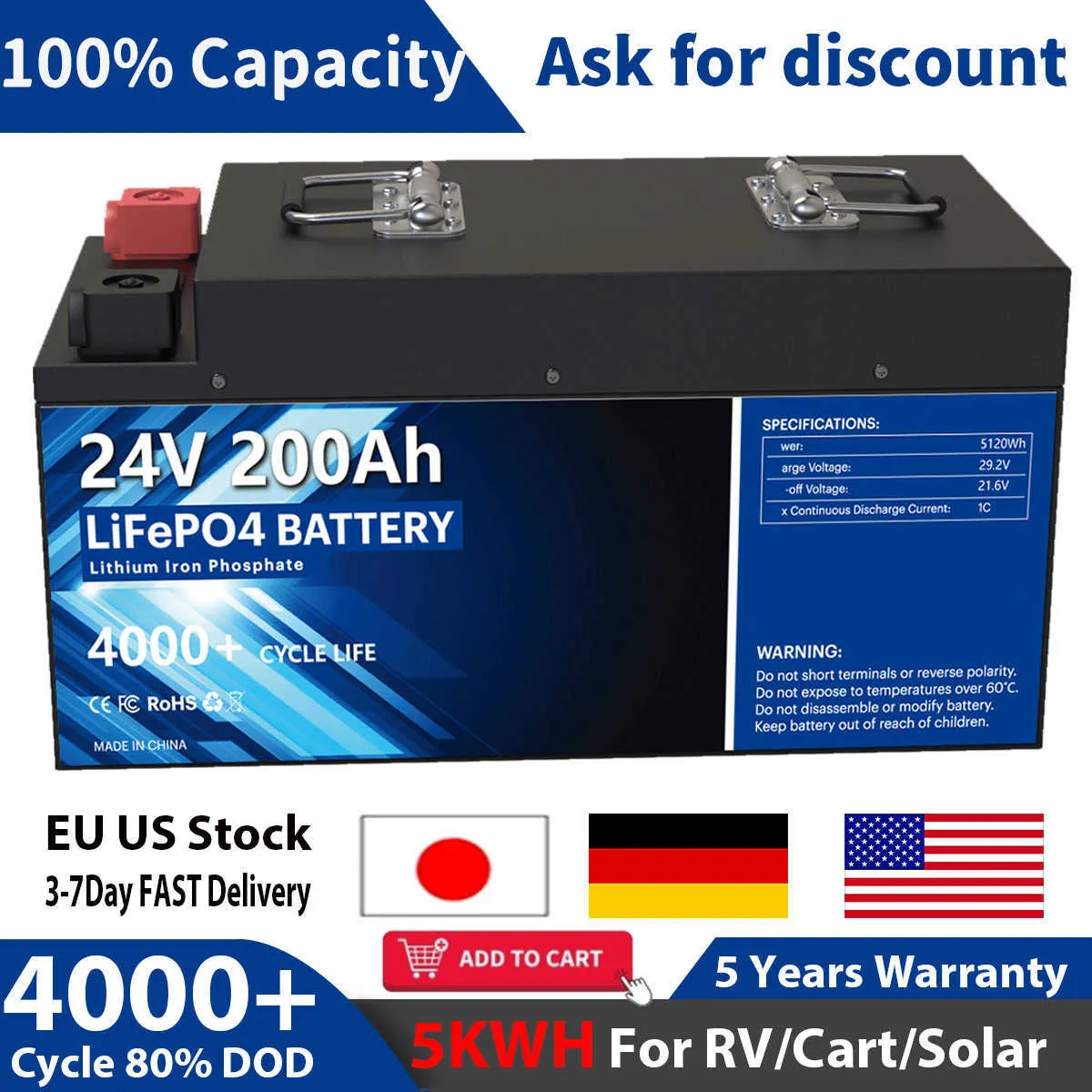 24V 200AH LiFePO4 Battery Pack 5120WH 25.6V 5KW Lithium Ion