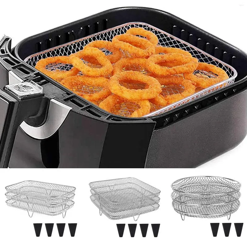 Ferramentas de cozimento Racks para fritadeira de ar de 3 camadas Rack de vapor empilhável de aço inoxidável Anti-ferrugem Fácil de limpar com almofada de silicone Acessórios de cozinha