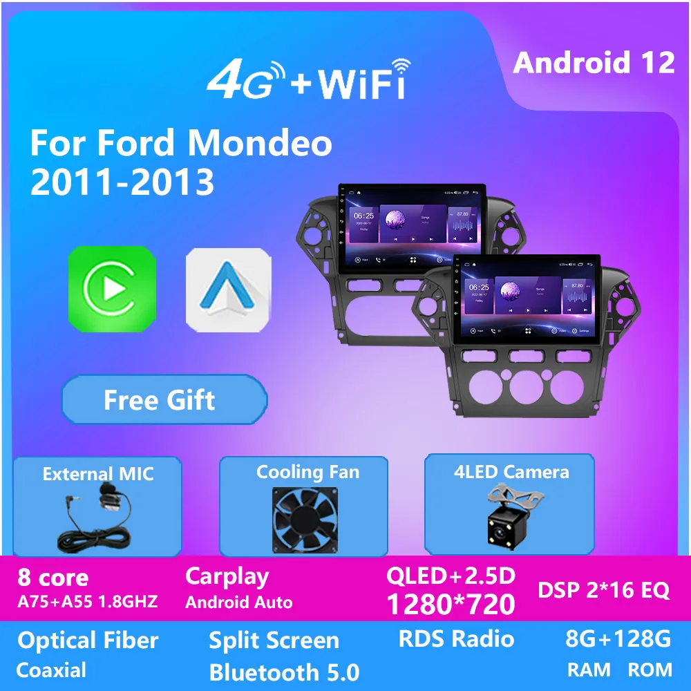 Android 12 Car DVD Video Player for Ford Mondeo 2011-2013 Bluetooth GPSナビゲーション128GタッチスクリーンIPS 4G WiFi