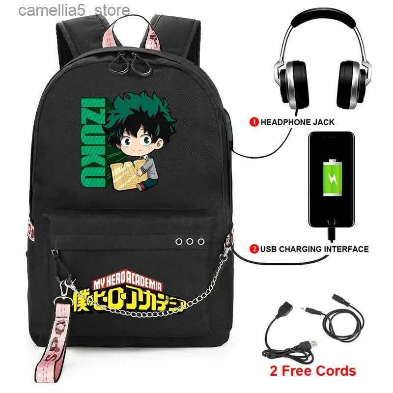 Zaini Anime My Hero Academia Zaino per scuola Ragazzi Ragazze Kawaii Manga Cartoon Zaino con porta di ricarica USB Regali per bambini Mochila Q231108