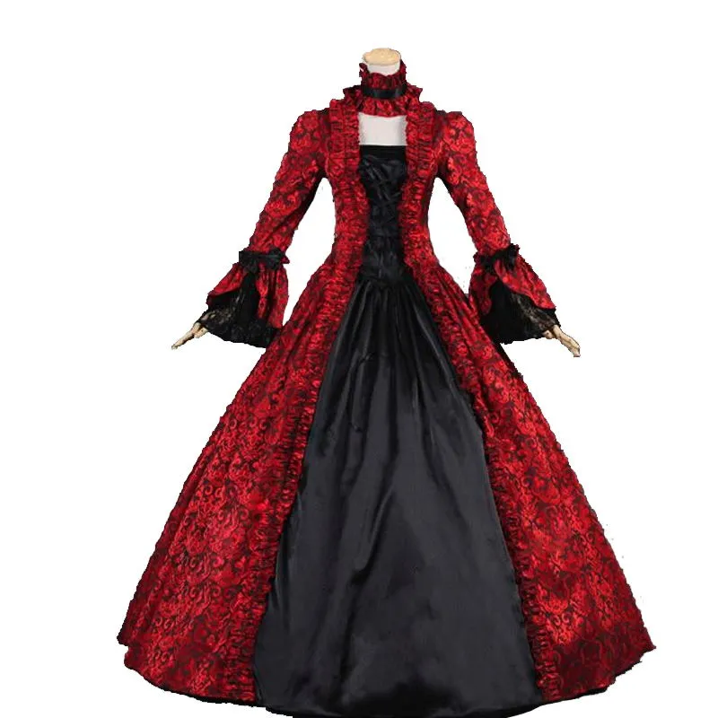 Abiti lunghi da festa in stile gotico vittoriano retrò personalizzati 2023 Costumi con motivi floreali rossi Abiti da ballo in maschera Steampunk per le donne