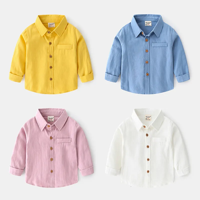 Barnskjortor Baby Boys Shirt Långärmad solid färg Spring Autumn Single Breasted Slå ner krage blus toppar 230407