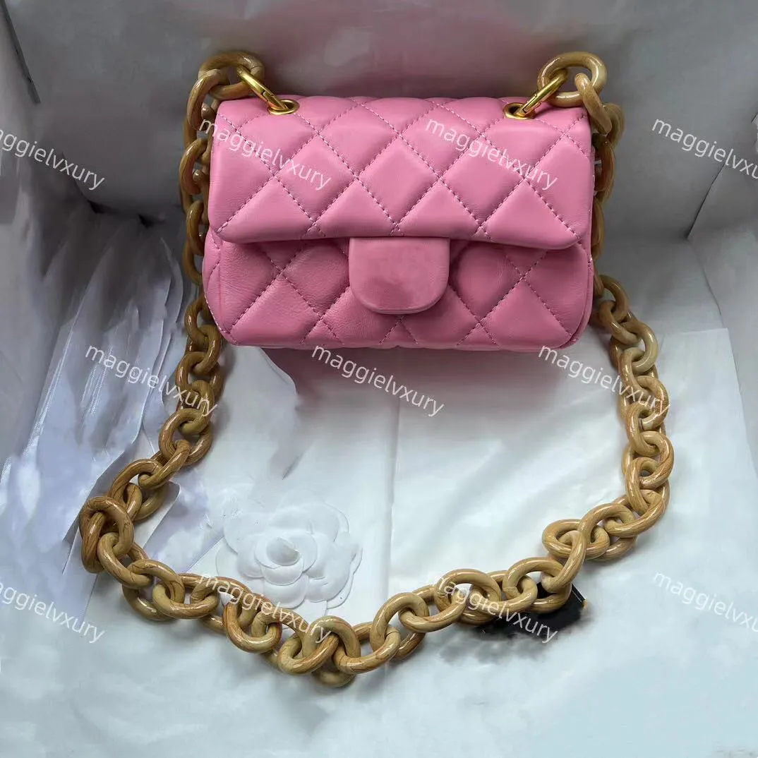 Mini bolso con solapa de piel de cordero para mujer, bandolera de lujo con cadena de madera de fresno, AS4165