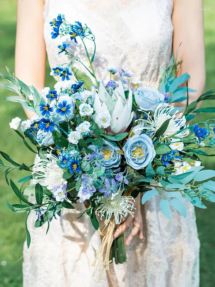 Bröllopsblommor Himstory Vintage European Blue Bridal Artificial Bouquet Silk Wild Floral Bride Hand Holding Accessories