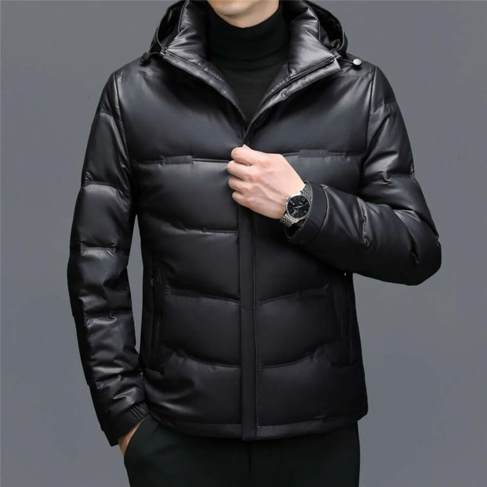 Haining Herren Schaffell Mittellange Kapuze Weiße Ente Lässige Daunen Warme Echtlederjacke Mantel Winter