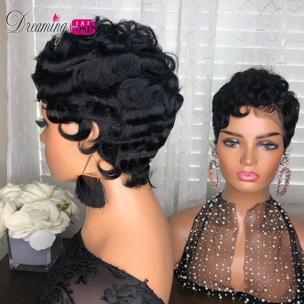 Brésilien Court Pixie Cut Perruque Cheveux Humains Bouclés Perruques pour les Femmes Noires Aucun Full Lace Front Finger Waves Coiffures