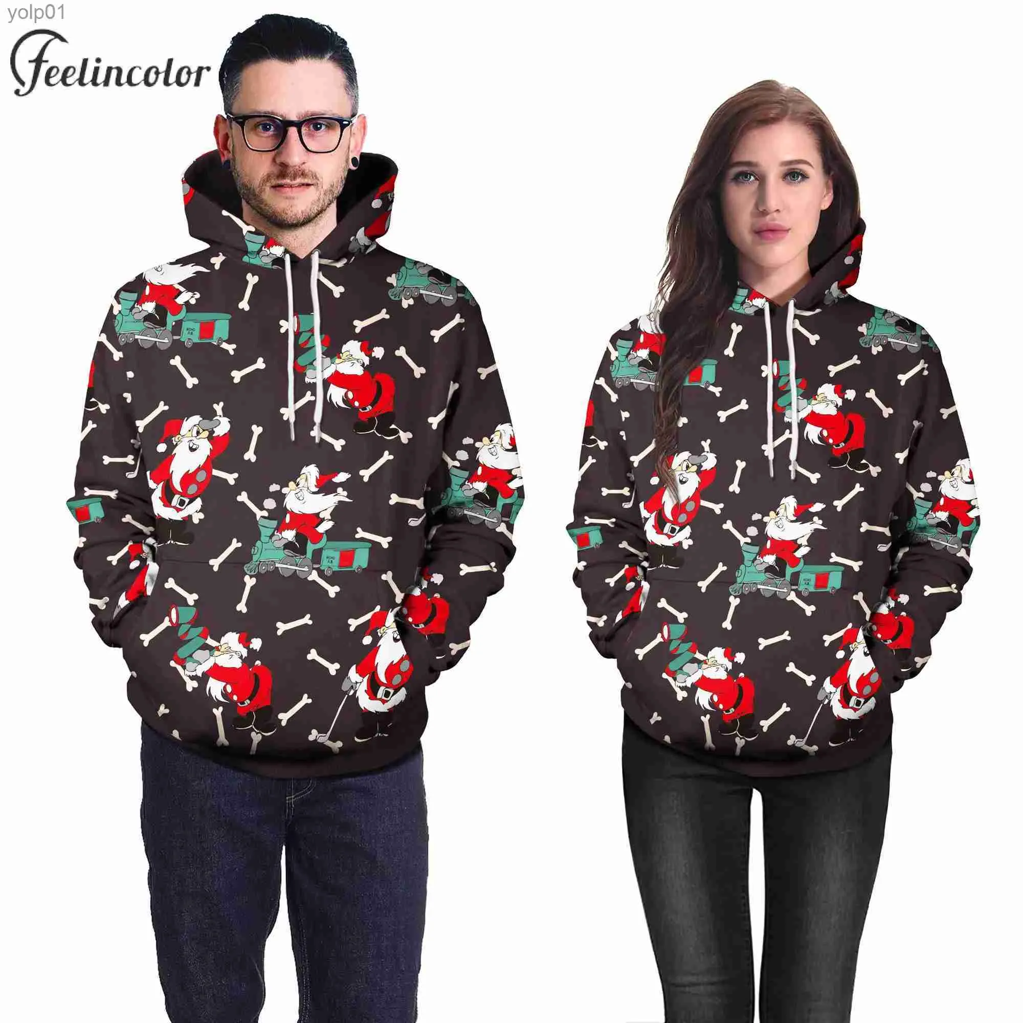 Moletons masculinos Moletons Papai Noel Imprimir Hoodies Dog Elk Moletom de Natal 3D Capa Completa Impressão Pulôver Casal Capuz Oversized Streetwear com BolsoL231107