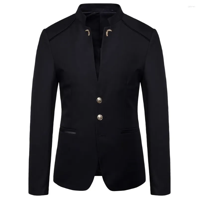 Ternos masculinos homens blazer casaco 2023 primavera moda botão decorativo estilo chinês fino ajuste gola sólida cor terno jaqueta