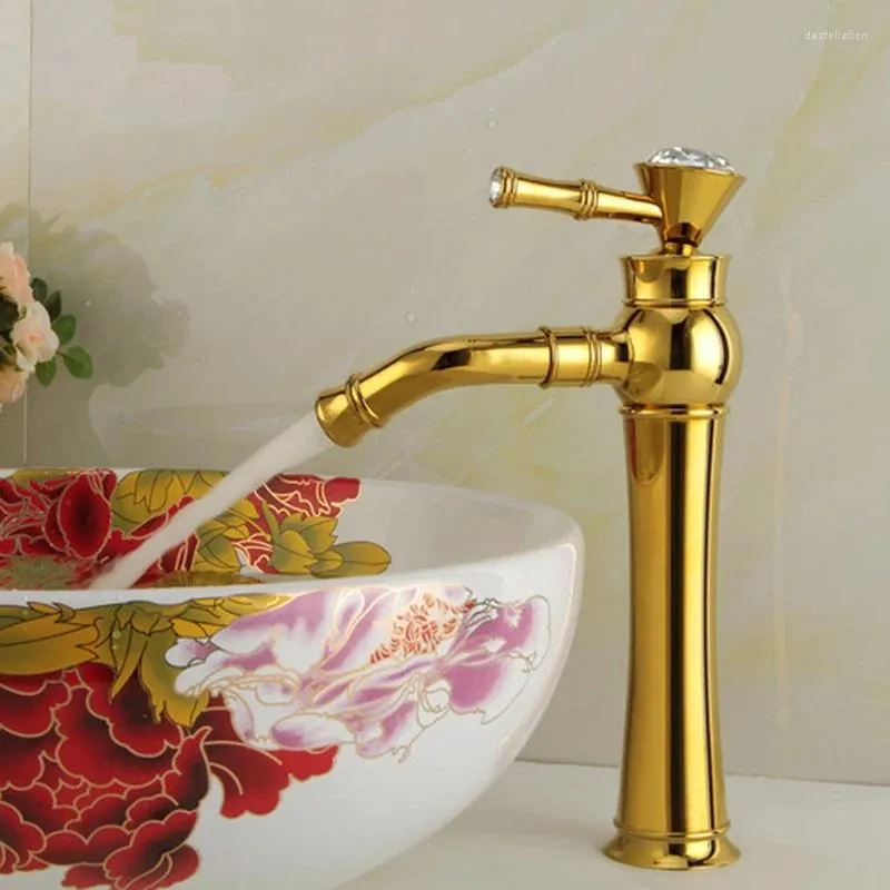 Grifos de lavabo de baño de oro alto con grifo de taladro grifo mezclador de lavabo de encimera alta de una sola manija