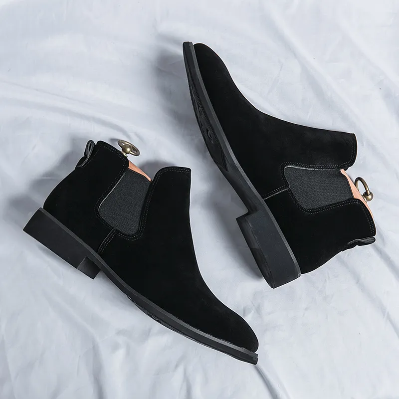 New Black Men Chelsea Boots Flock Square Toe Slip-On Business Short Boots for Men with Free Shipping Botas De Hombre Men Boots