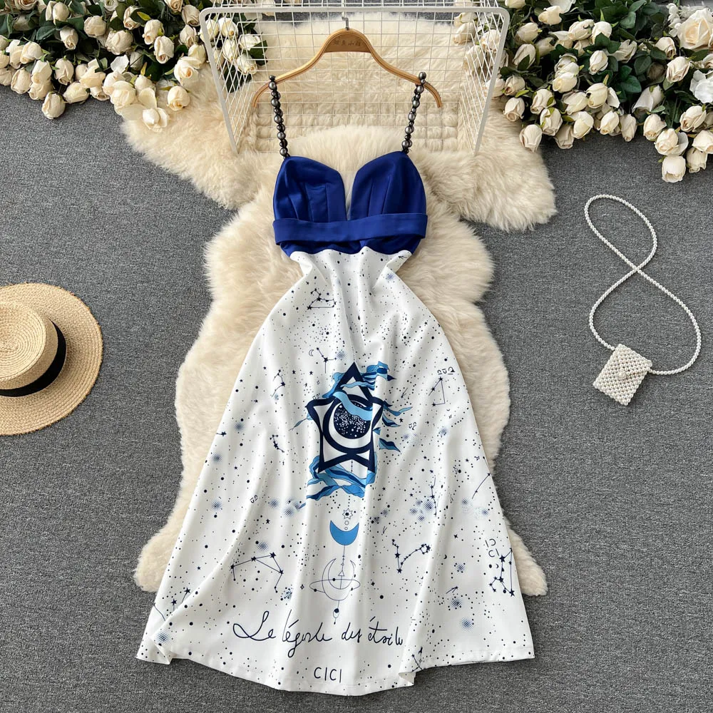 Starry Sky Pattern Suspender Bra dress - Elegant High Waisted A-line Gown with Contrasting Print