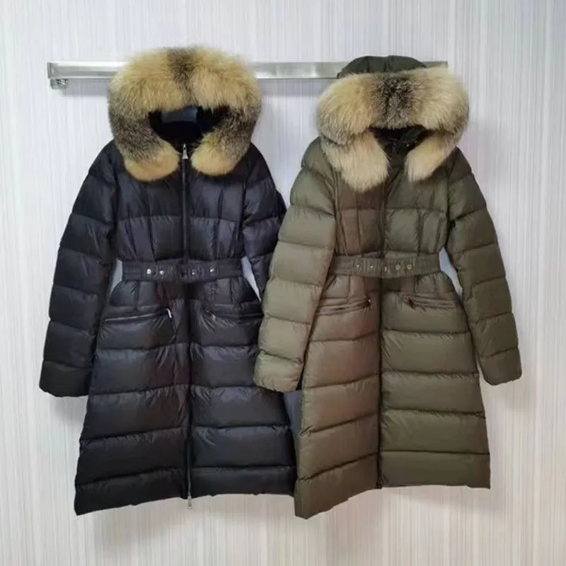 Gänsedaunenjacken Damen Winter Daunenmantel Lange Parkas Hoodies Fuchspelzkragen Schwarze Pufferjacke Oberbekleidung Mantel Dick Warm