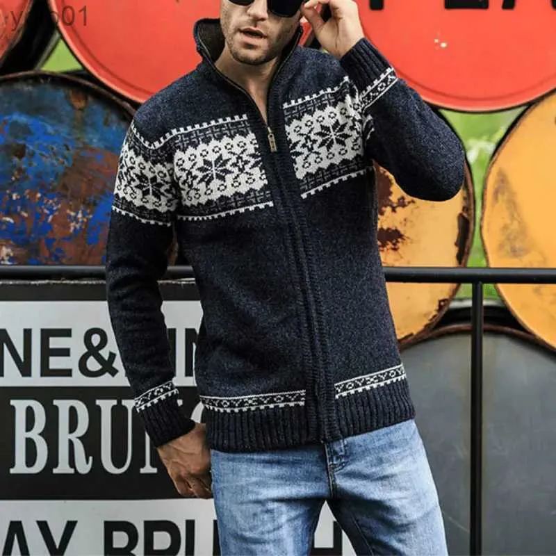 Chandails pour femmes Hiver hommes Jacquard pull manteau noël flocon de neige imprimé tricoté Cardigan col roulé pleine fermeture éclair décontracté chaud laine pull 5XLL231107