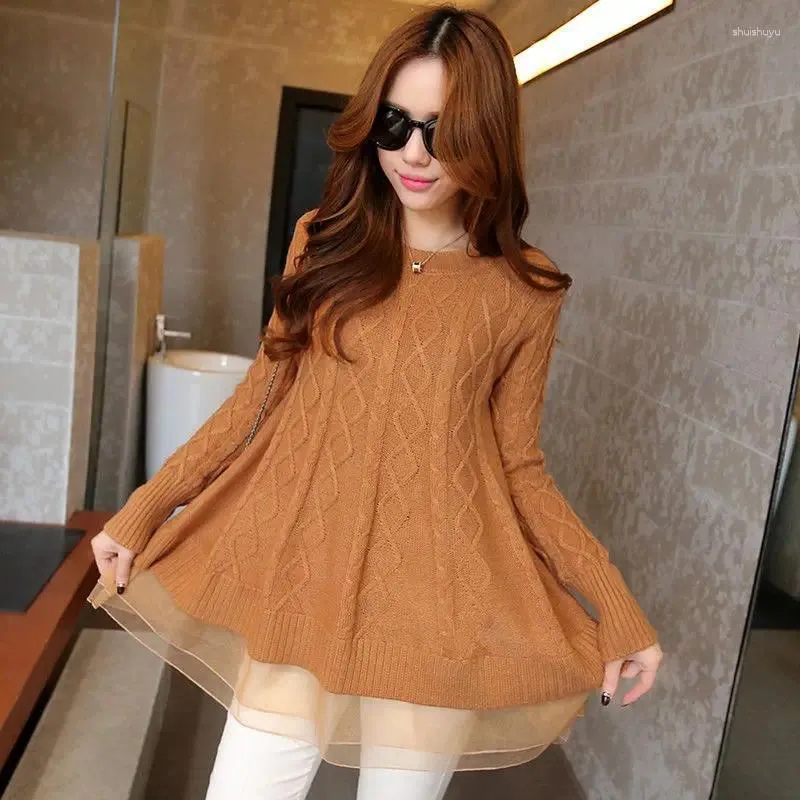 Women's Sweaters Korean Style A-line Long Thin O-neck Gauze Bottoming Loose Turtleneck Lace Hem Jacket